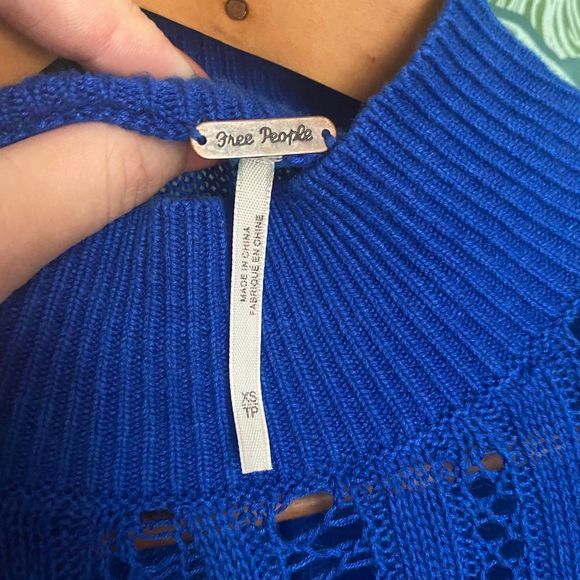 Free People | Mock Turtleneck Pointelle Knit Blue Sweater XS - Picture 4 of 6